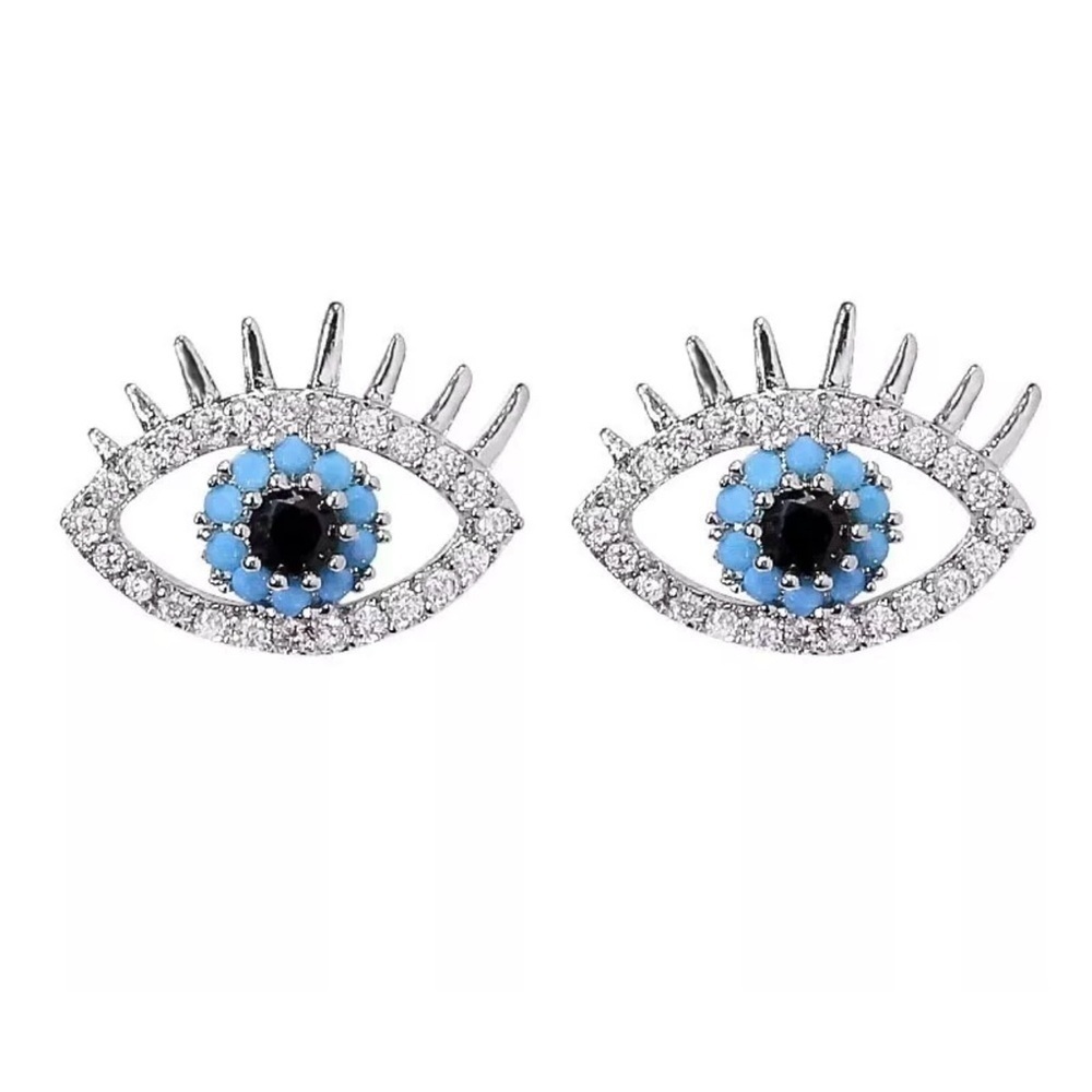 NWOT Evil Eye Shaped Protection Stud Earrings in CZ Micro Pave and Silver Plate
